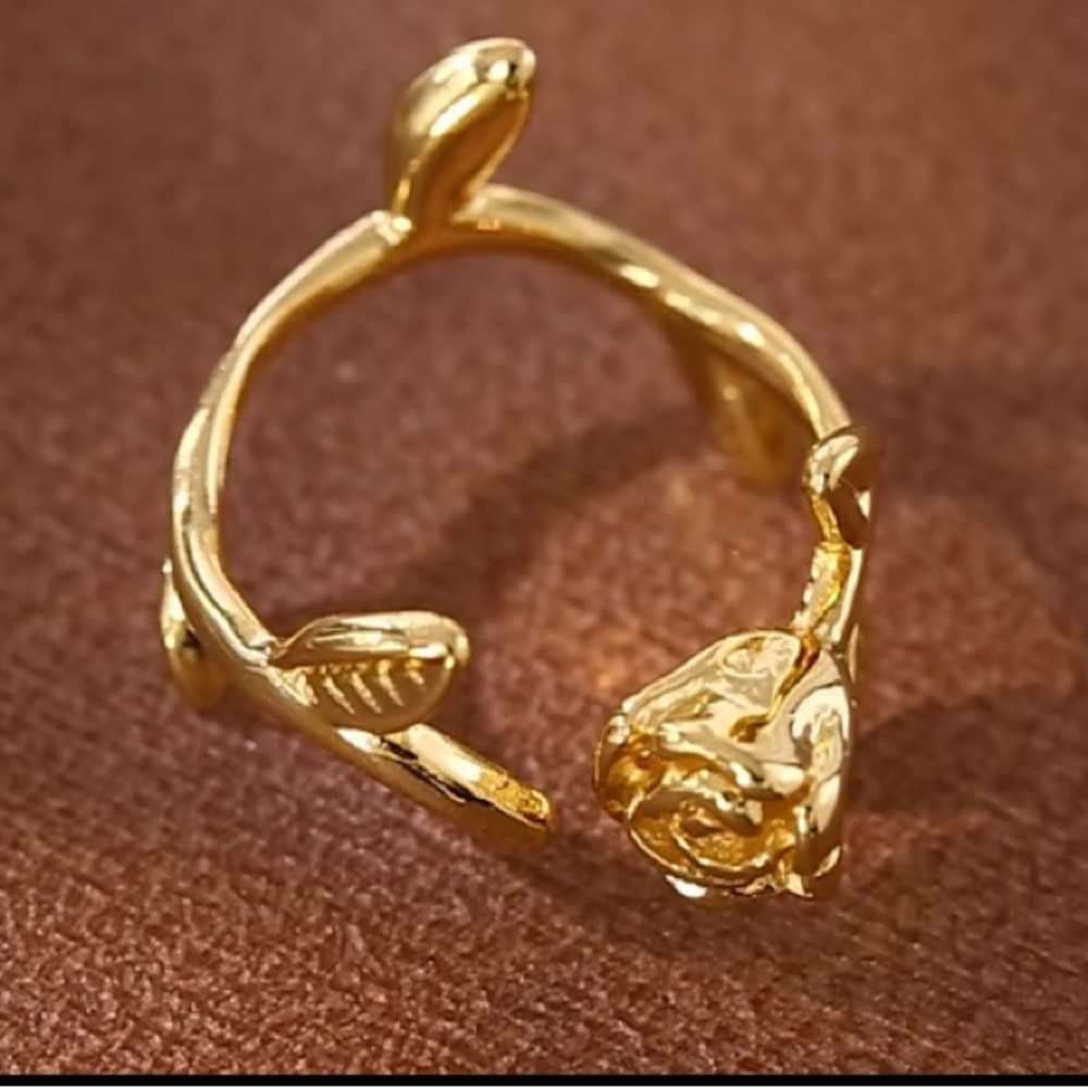 18k Gold Leaf Handcrafted Rose Ring 6-8 - Picture 7 of 8